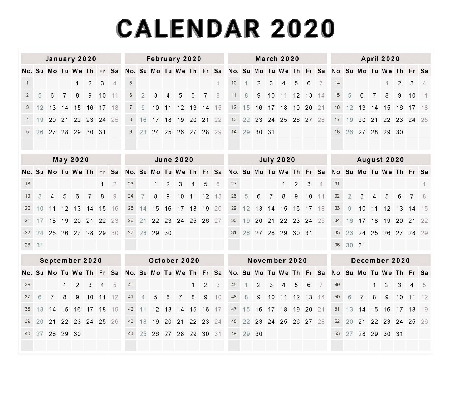 Printable Calendar 2020 With Week Numbers | Monthly