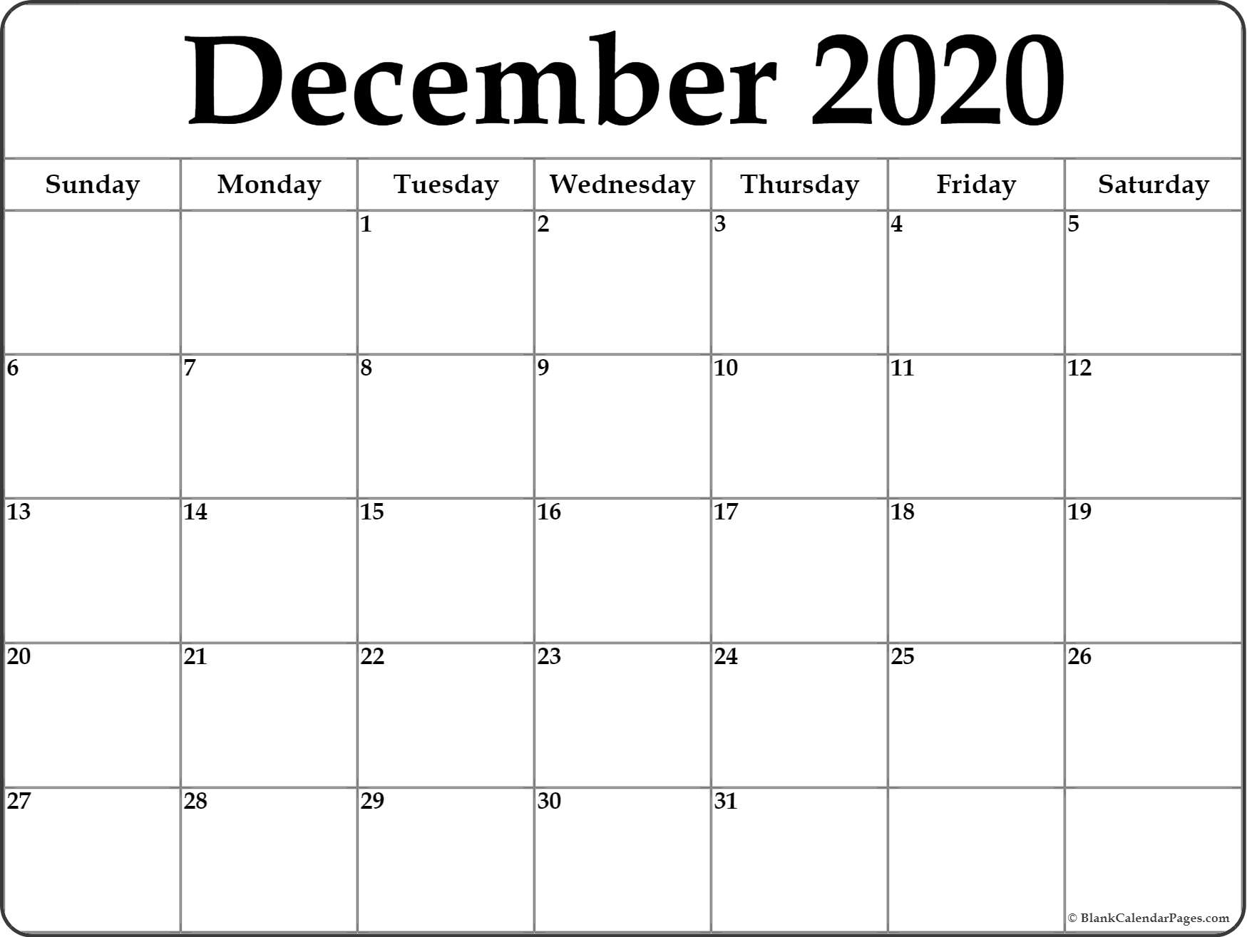 Printable Calendar December 2020 - Wpa.wpart.co