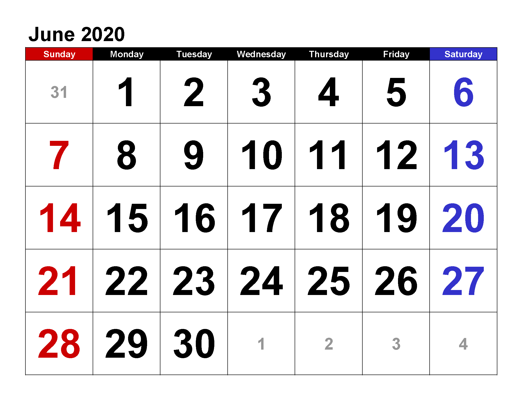 Printable Calendar Template June 2020 Calendar Large