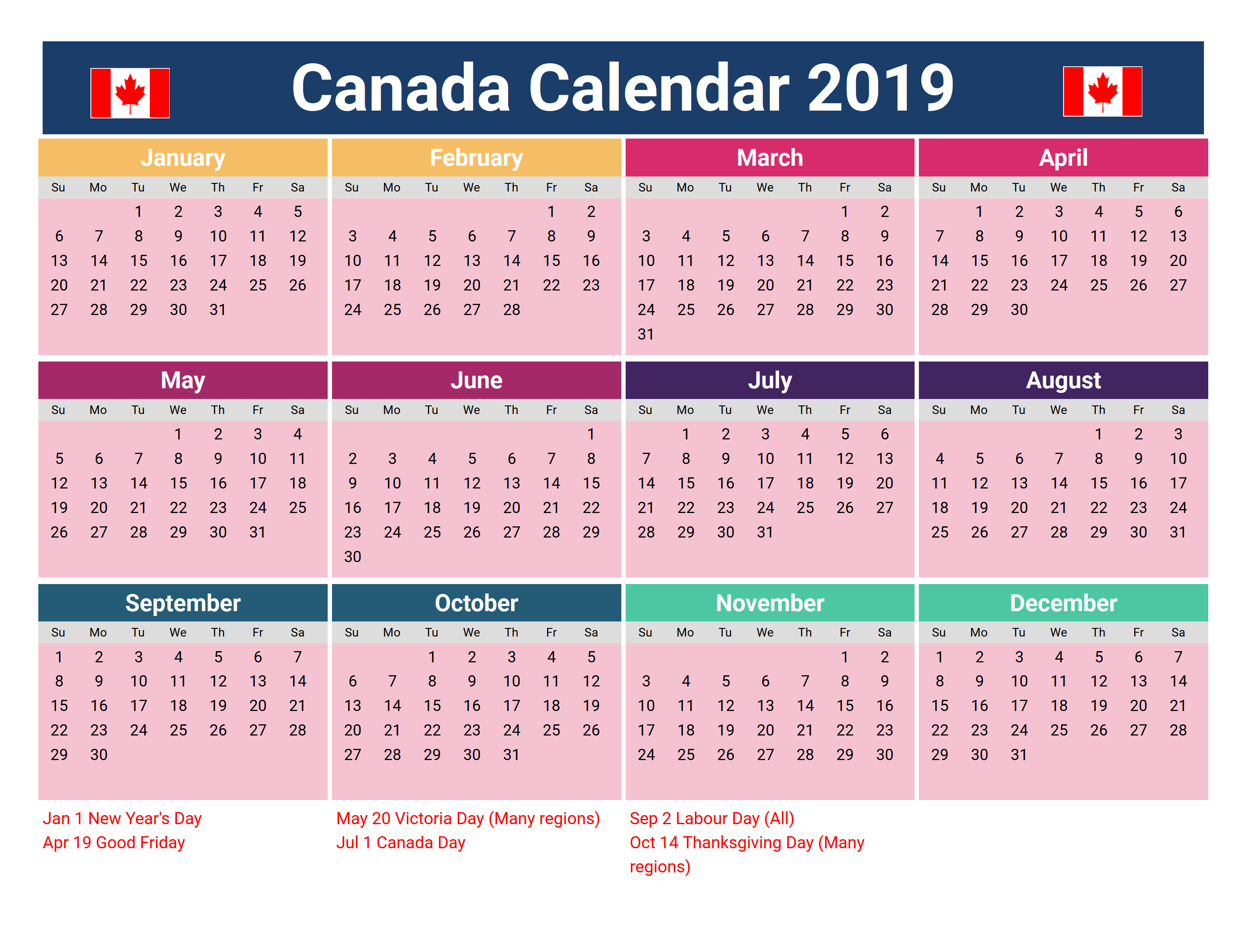 Printable Canada 2019 Holidays Calendar #2019Calendar