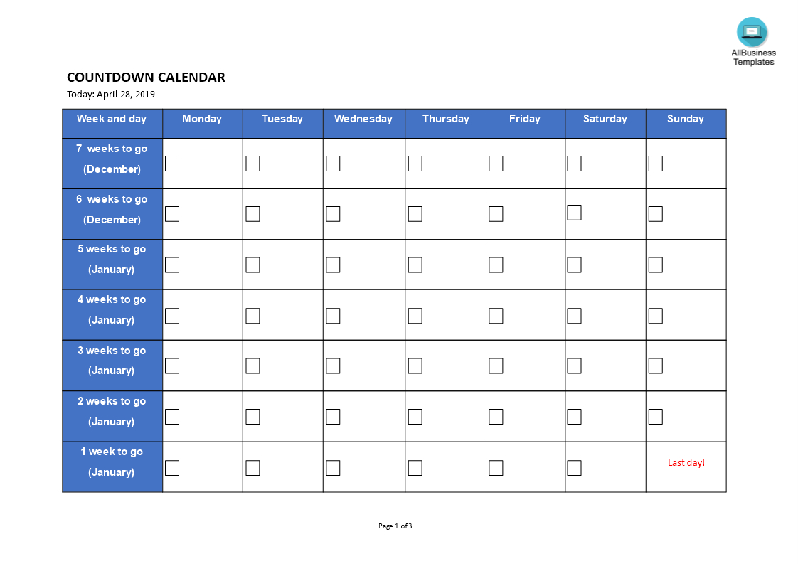 Free Printable Retirement Countdown Calendar Template