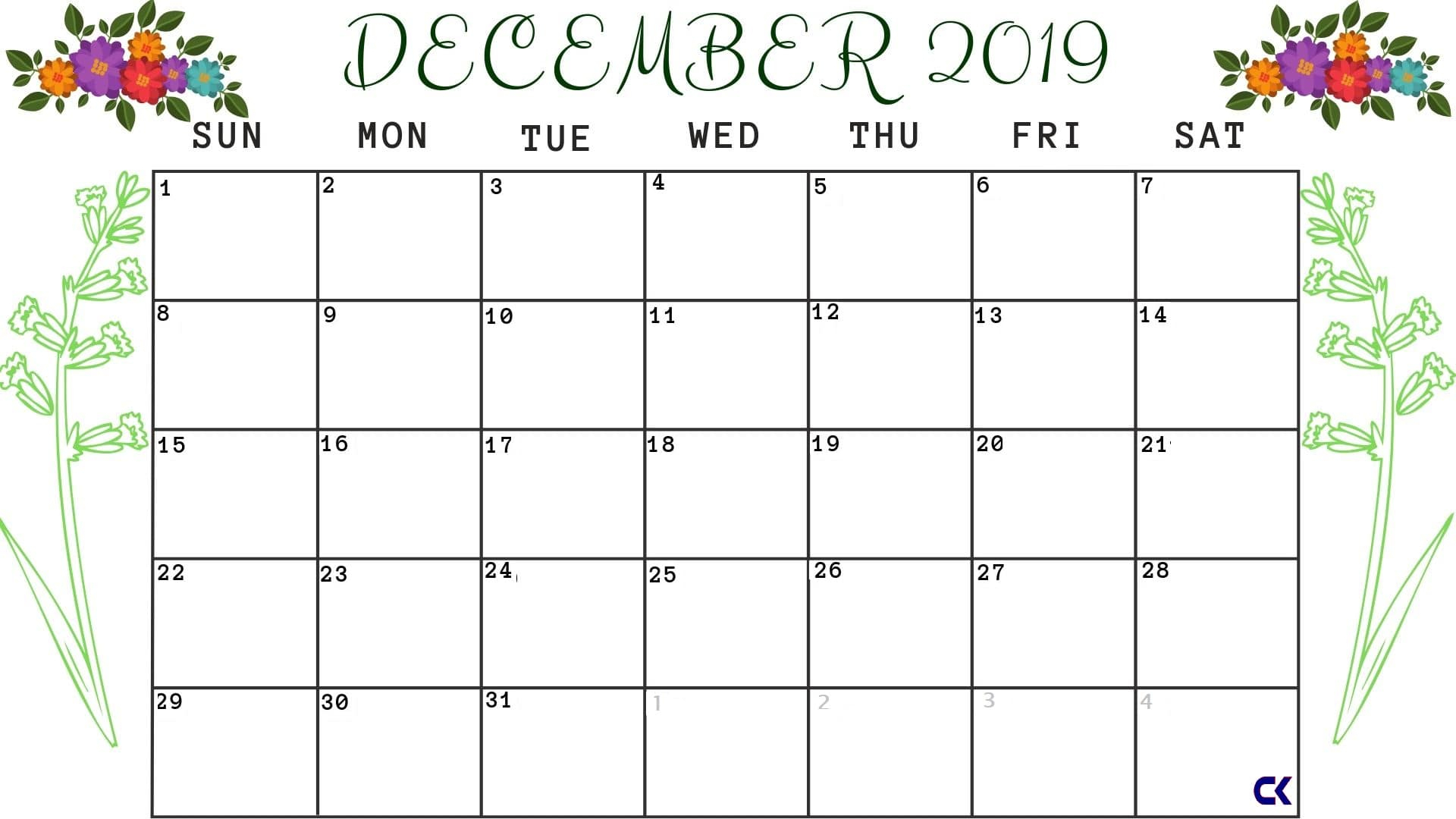 Printable December 2019 Calendar: Downloadable - Calendar-Kart
