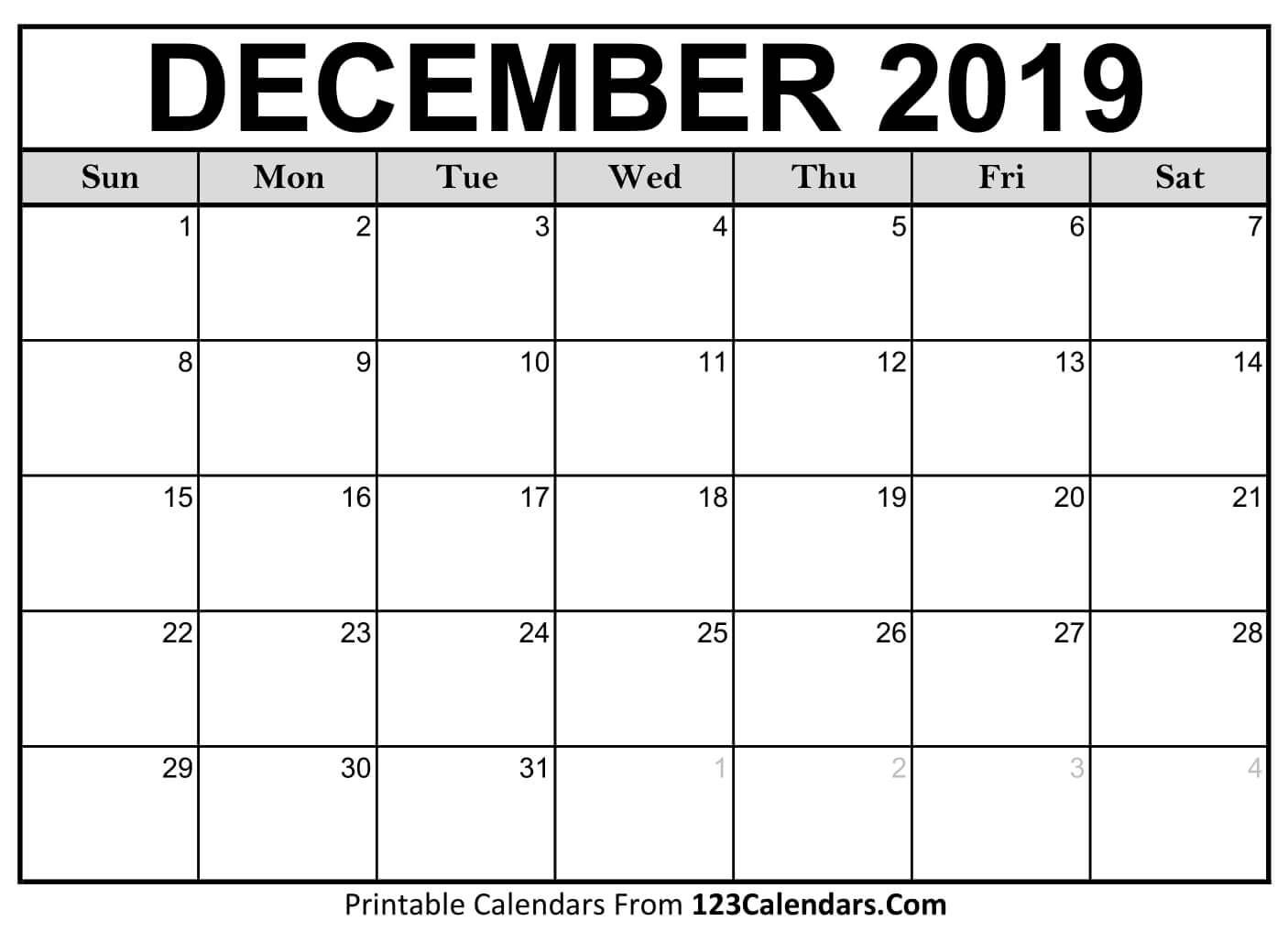 Printable December 2019 Calendar Templates - 123Calendars