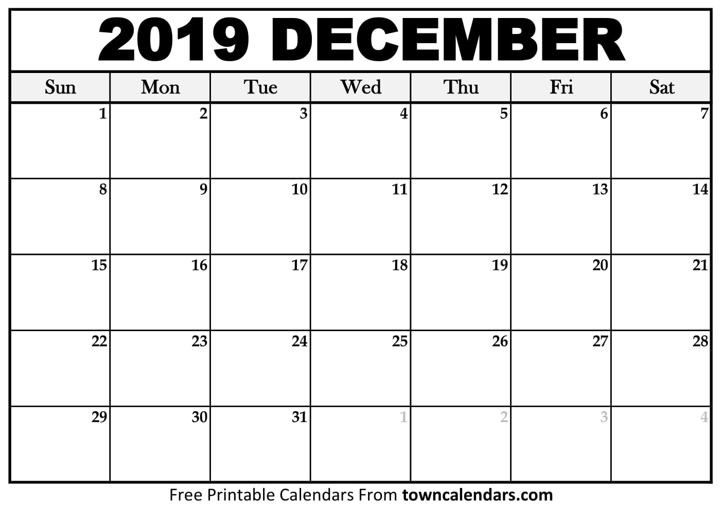 Printable December 2019 Calendar - Towncalendars