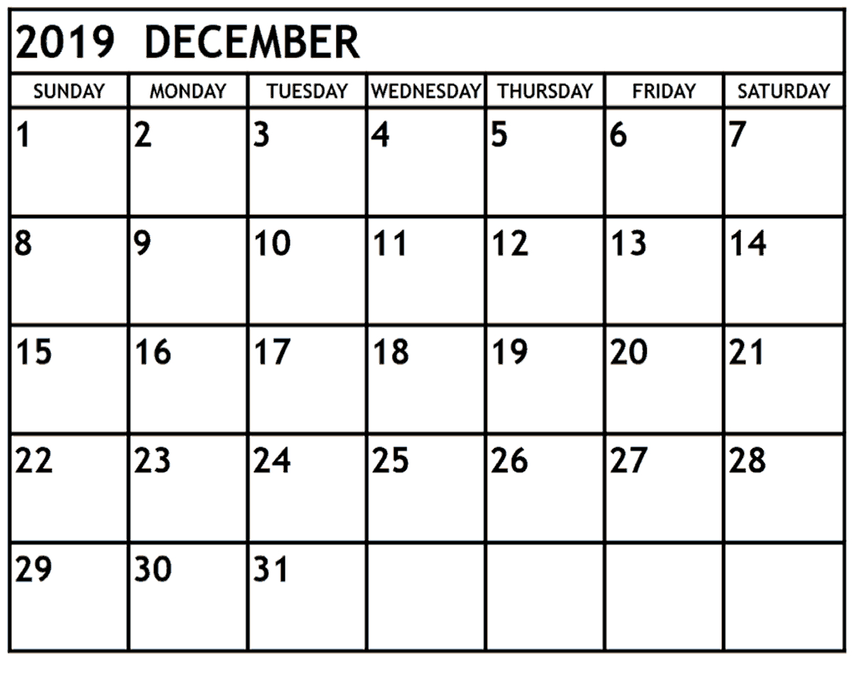 Printable December 2019 Calendar – Waterproof Paper