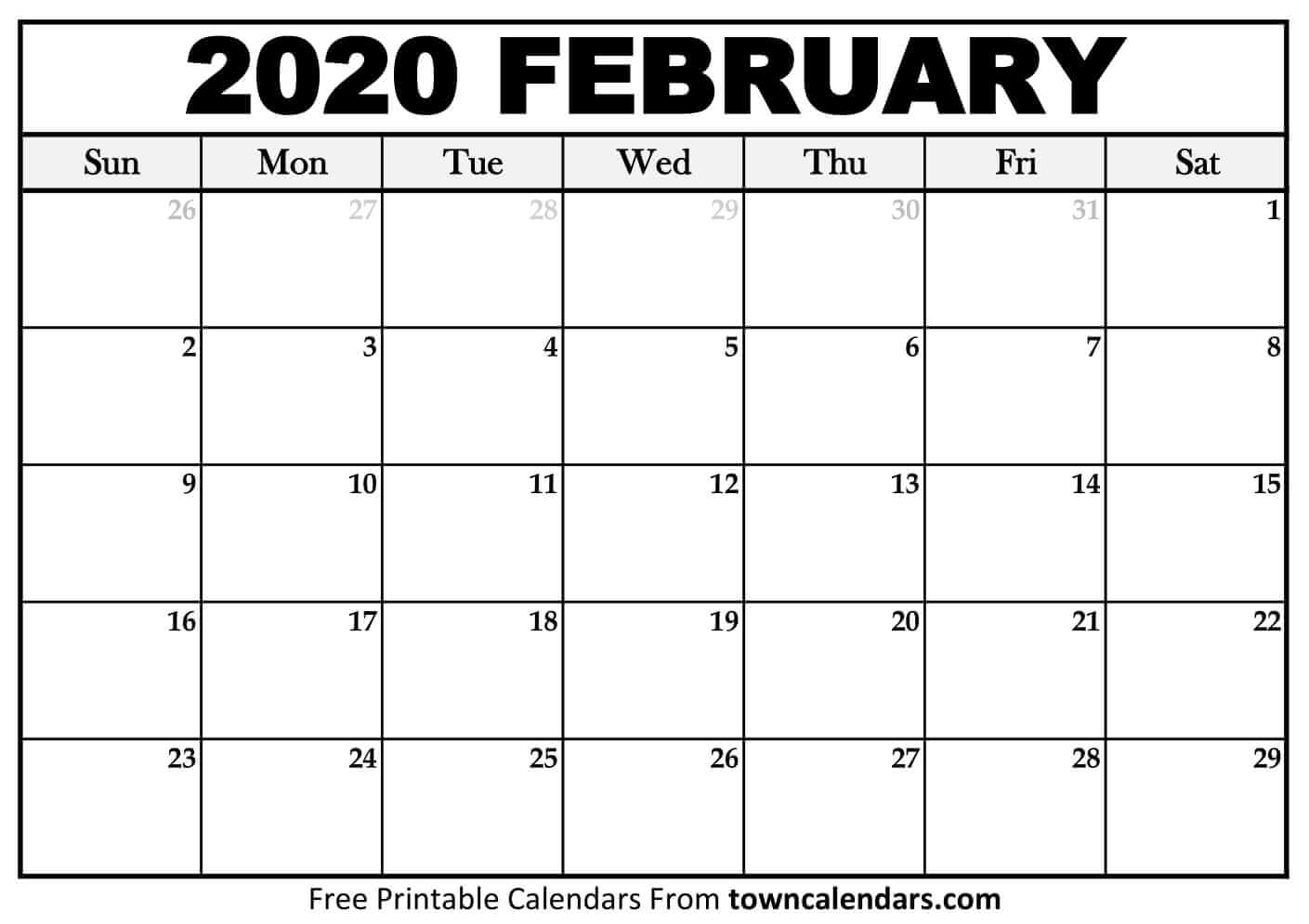 Printable February 2020 Calendar - Towncalendars