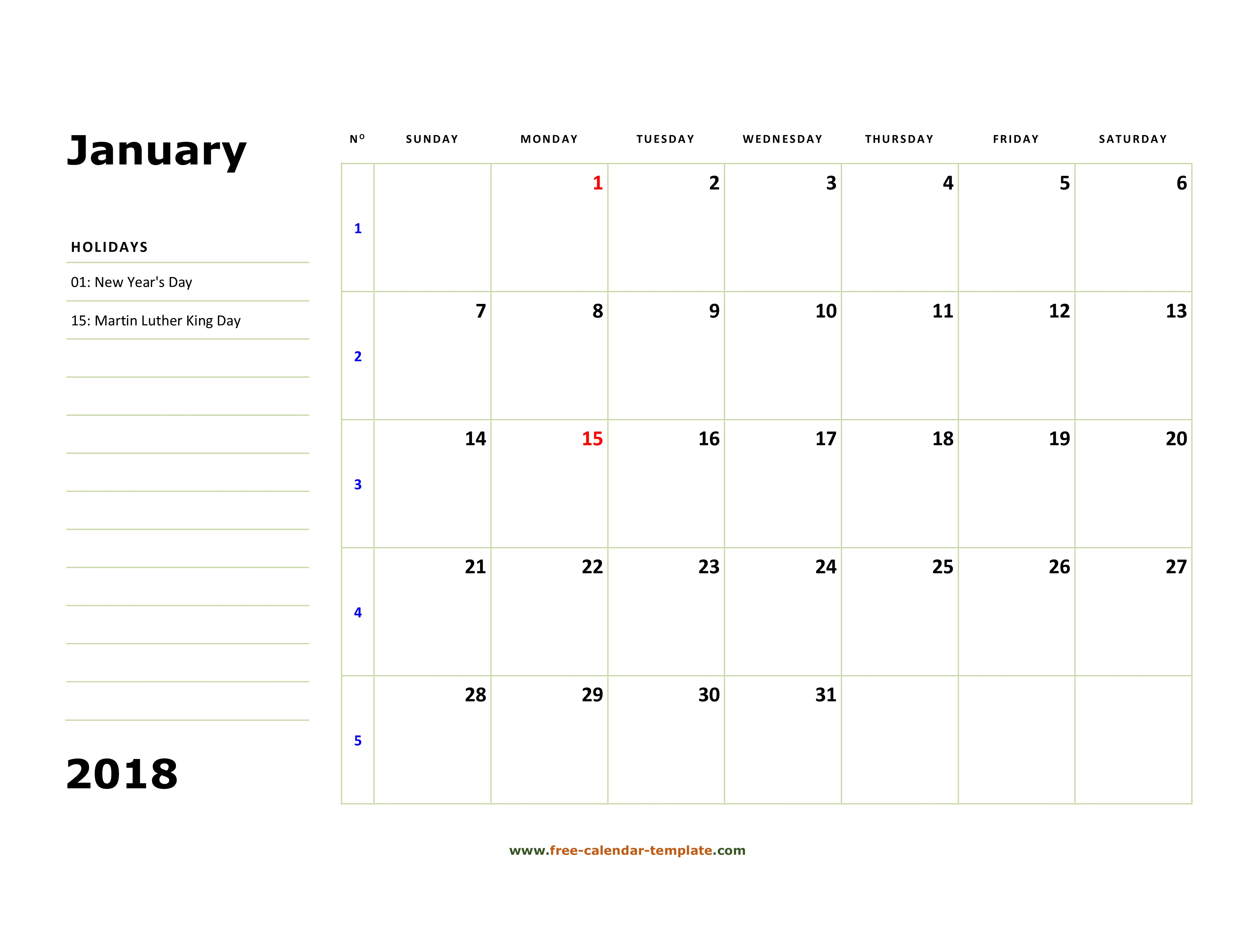 Printable January 2018 Calendar (Box And Lines For Notes