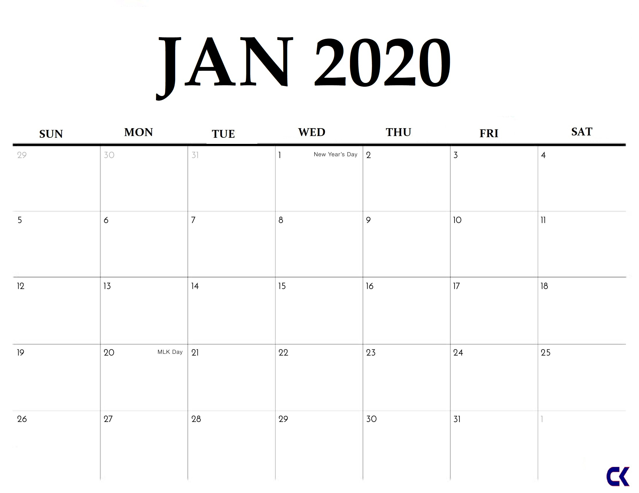 Printable Calendar January 2020 Calendar Printables Free Templates - Riset