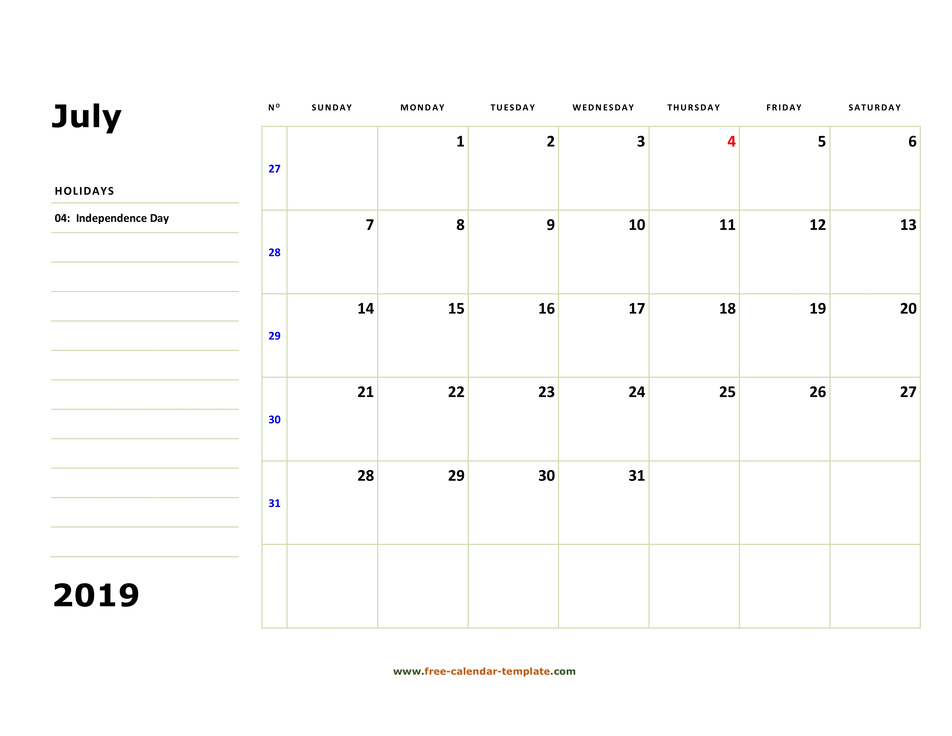 Printable July 2019 Calendar (Box And Lines For Notes