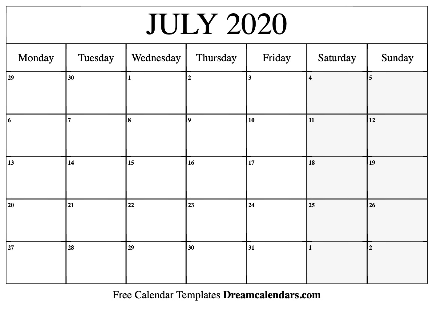 Printable July 2020 Calendar – Monthly Template Download