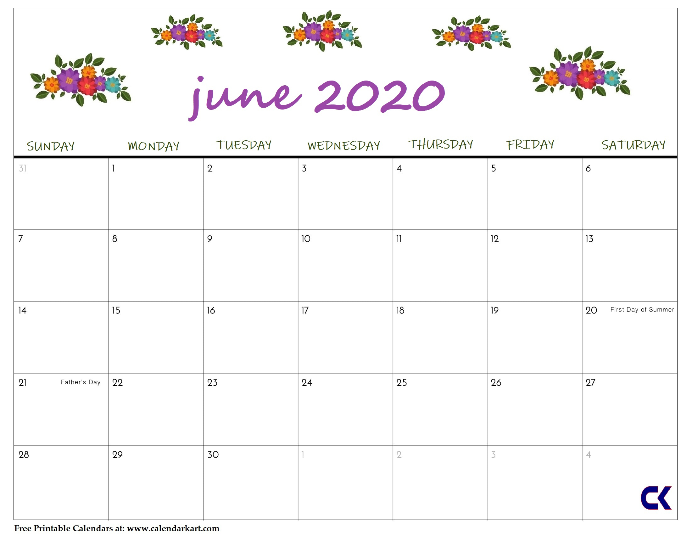 Printable June 2020 Calendar - Calendar-Kart