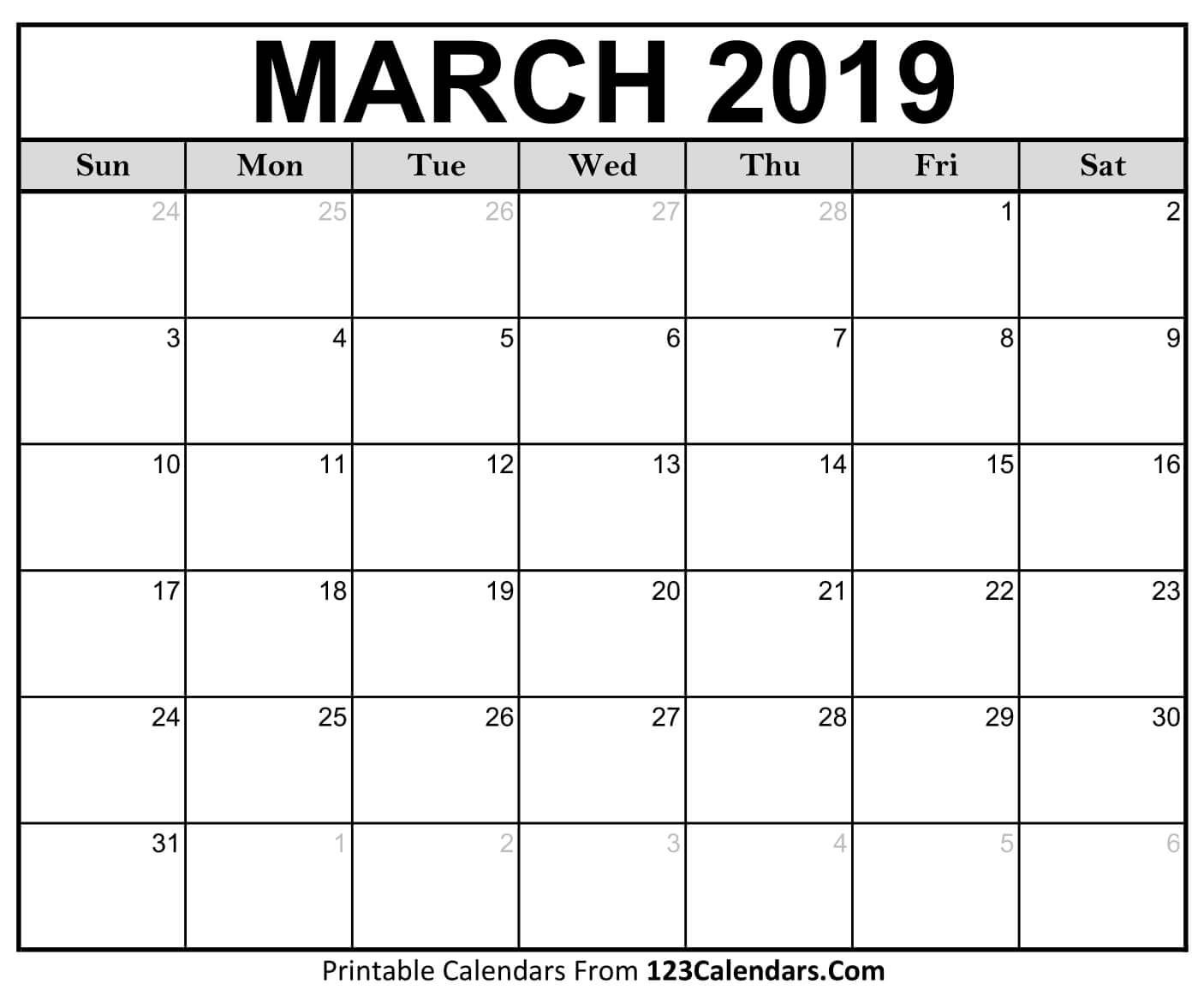 Printable March 2019 Calendar Templates - 123Calendars Free