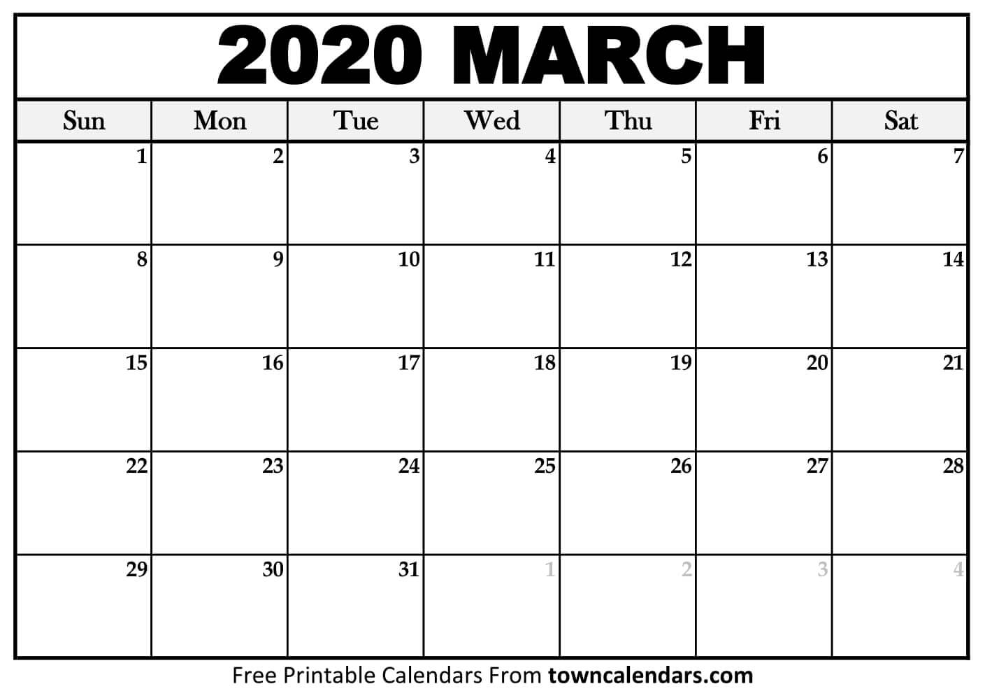 Printable March 2020 Calendar - Towncalendars