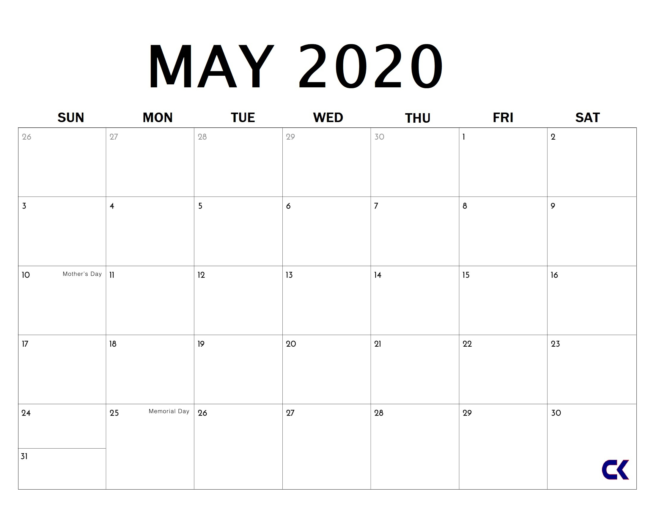 Printable May 2020 Calendar - Calendar-Kart