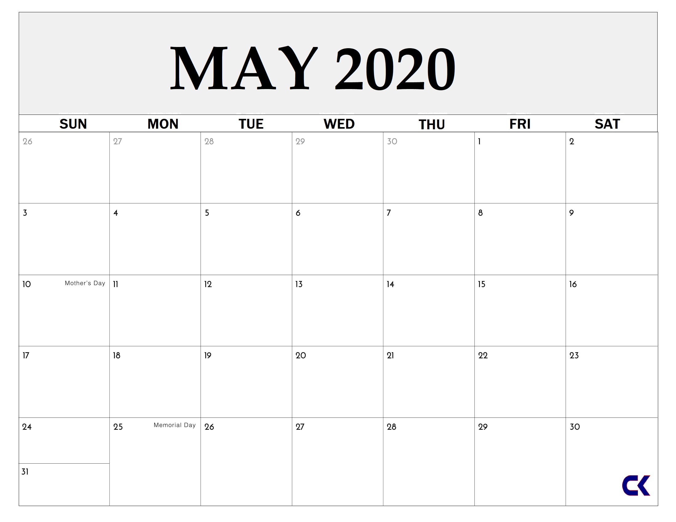 Printable May 2020 Calendar - Calendar-Kart