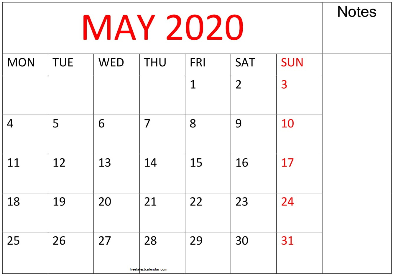 Printable May 2020 Calendar Large Print – Free Latest