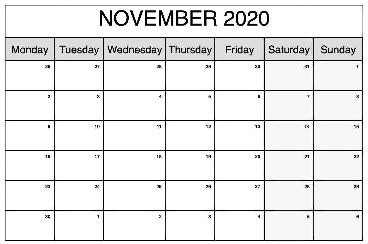 Free Printable Calendar For November 2020 