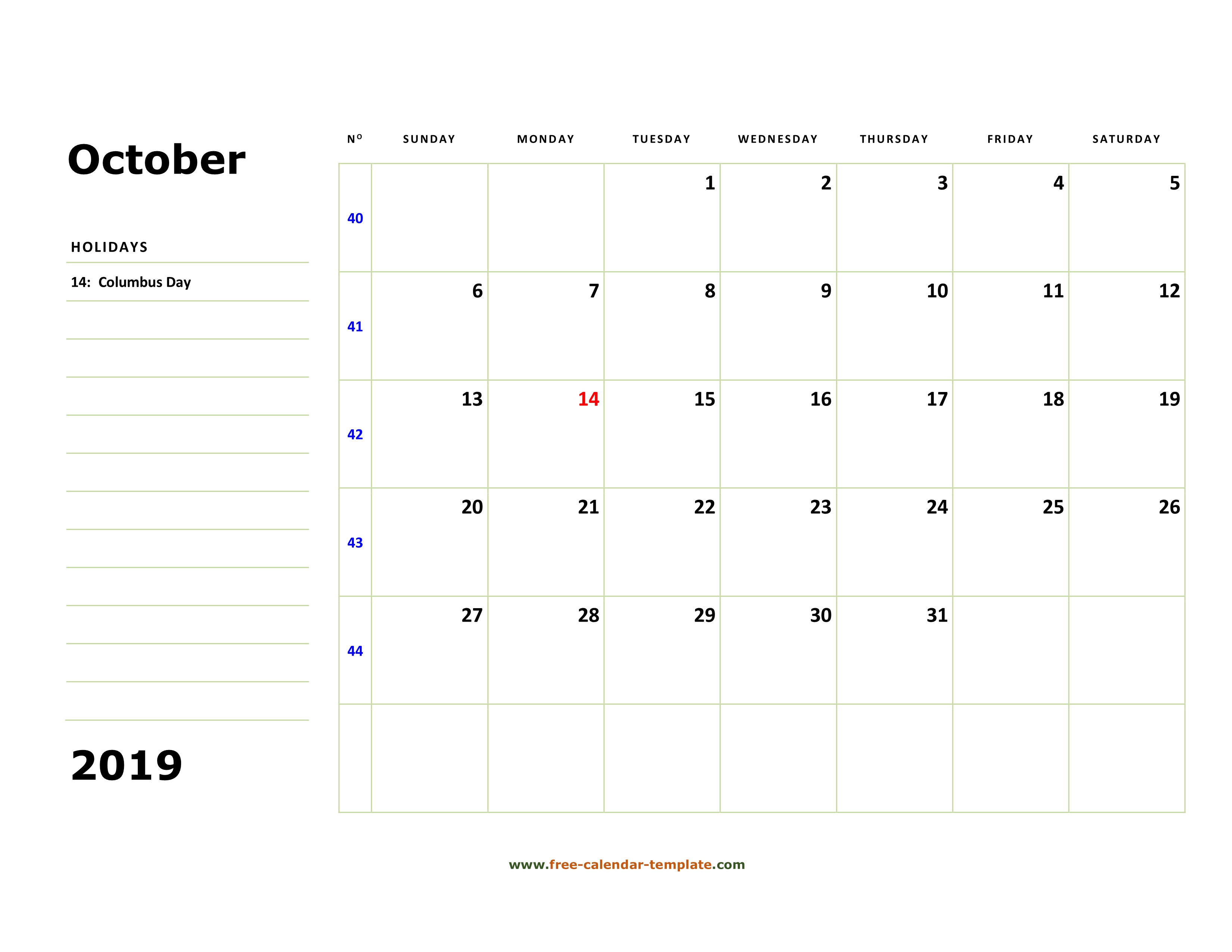 Printable October 2019 Calendar (Box And Lines For Notes