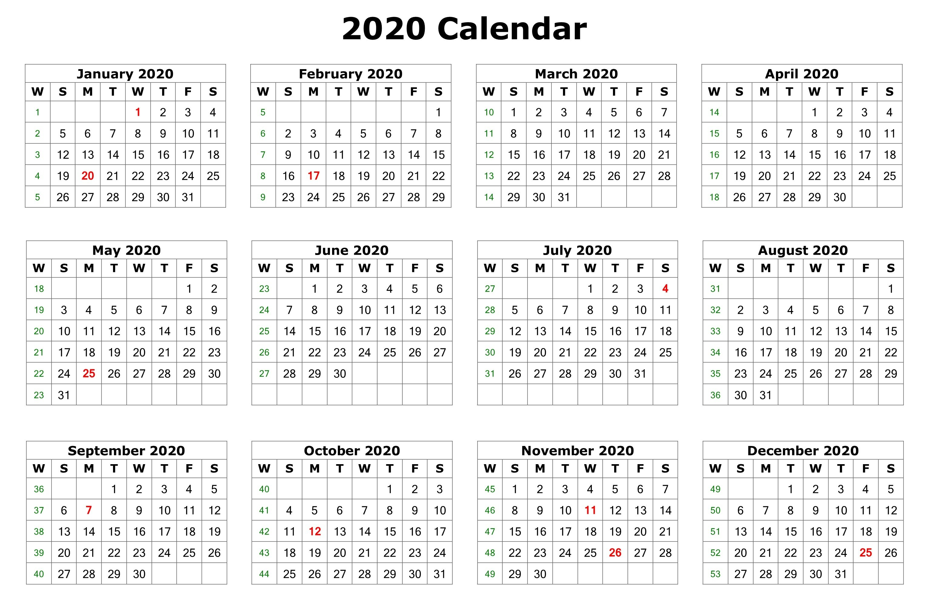 Printable One Page 2020 Calendar - Wpa.wpart.co