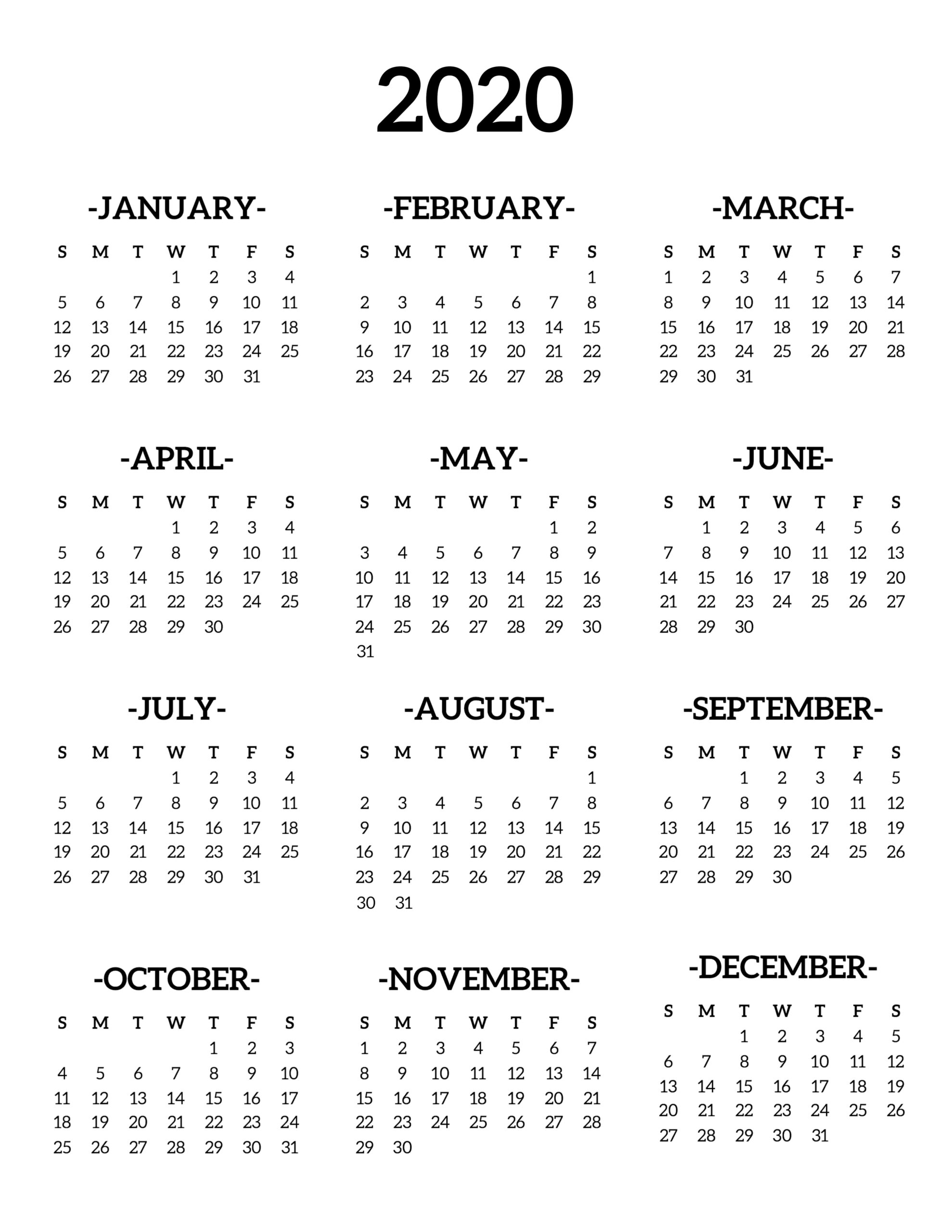 Printable One Page 2020 Calendar - Wpa.wpart.co
