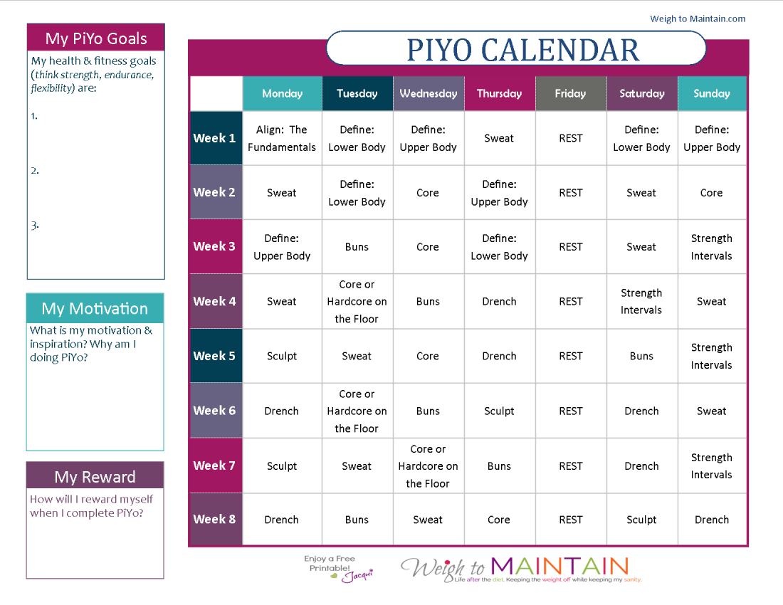 Printable Piyo Calendar And Workout Schedule | Piyo Workout