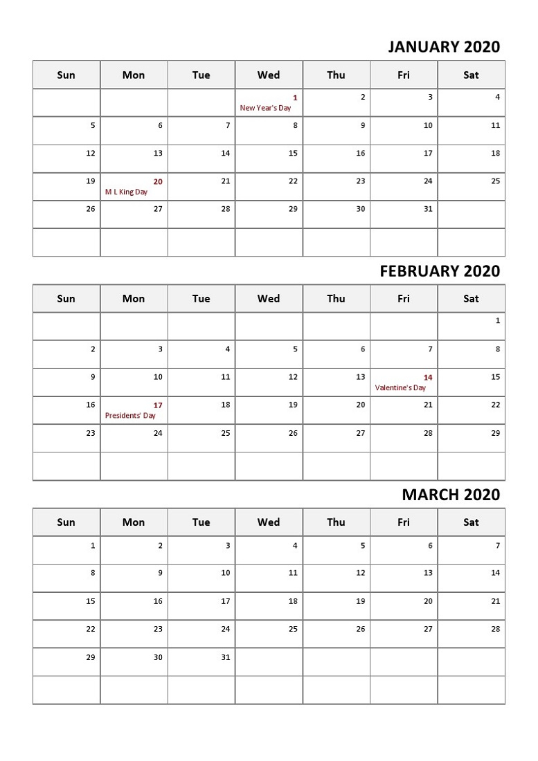 Printable Quarterly Calendar 2020 1St Quarter With Notes