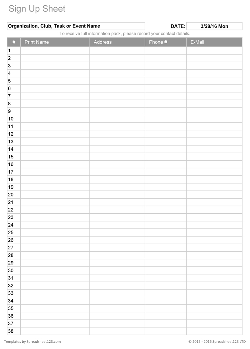 Printable Calendar Sign Up Sheet Calendar Printables Free Templates