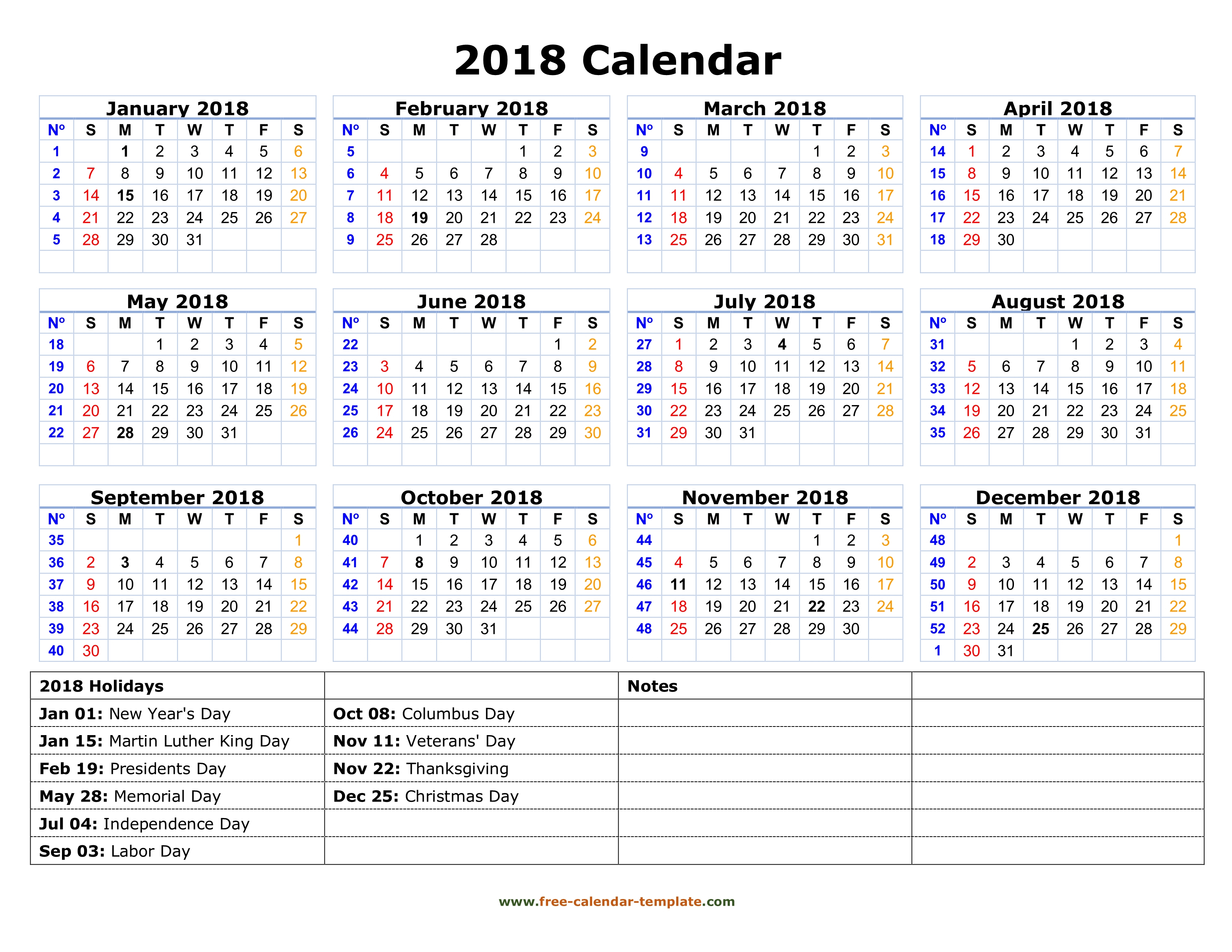 Printable Yearly Calendar 2018 With Us Holidays | Free