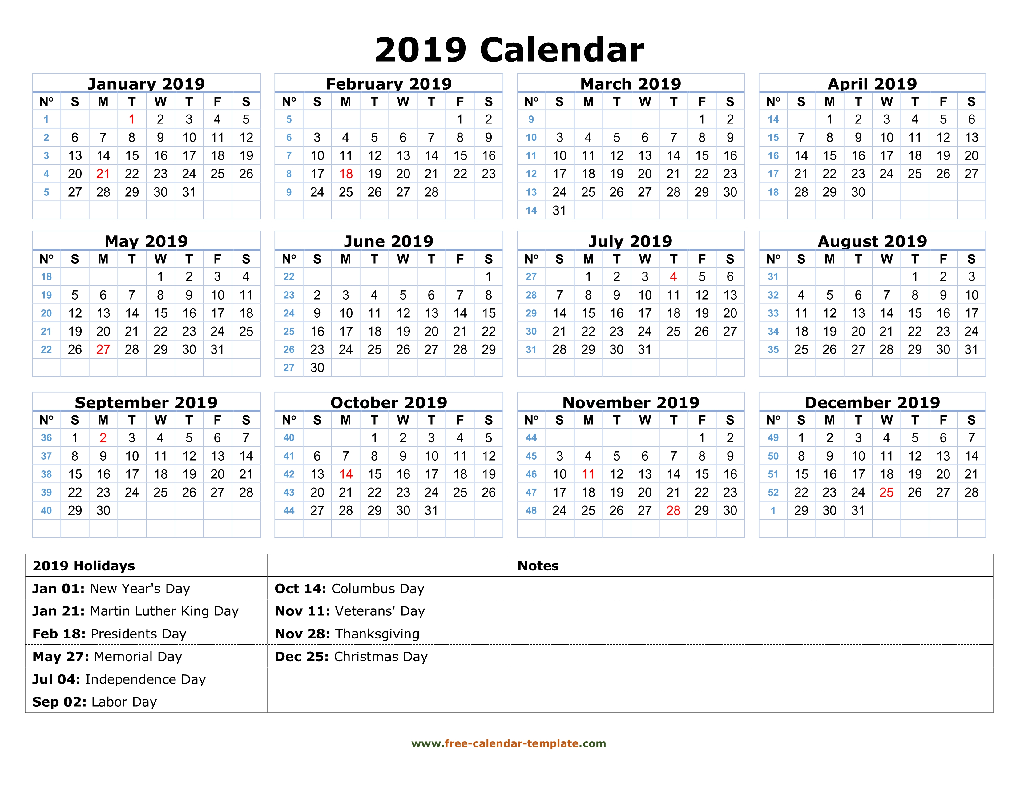 Printable Yearly Calendar 2019 With Us Holidays | Free