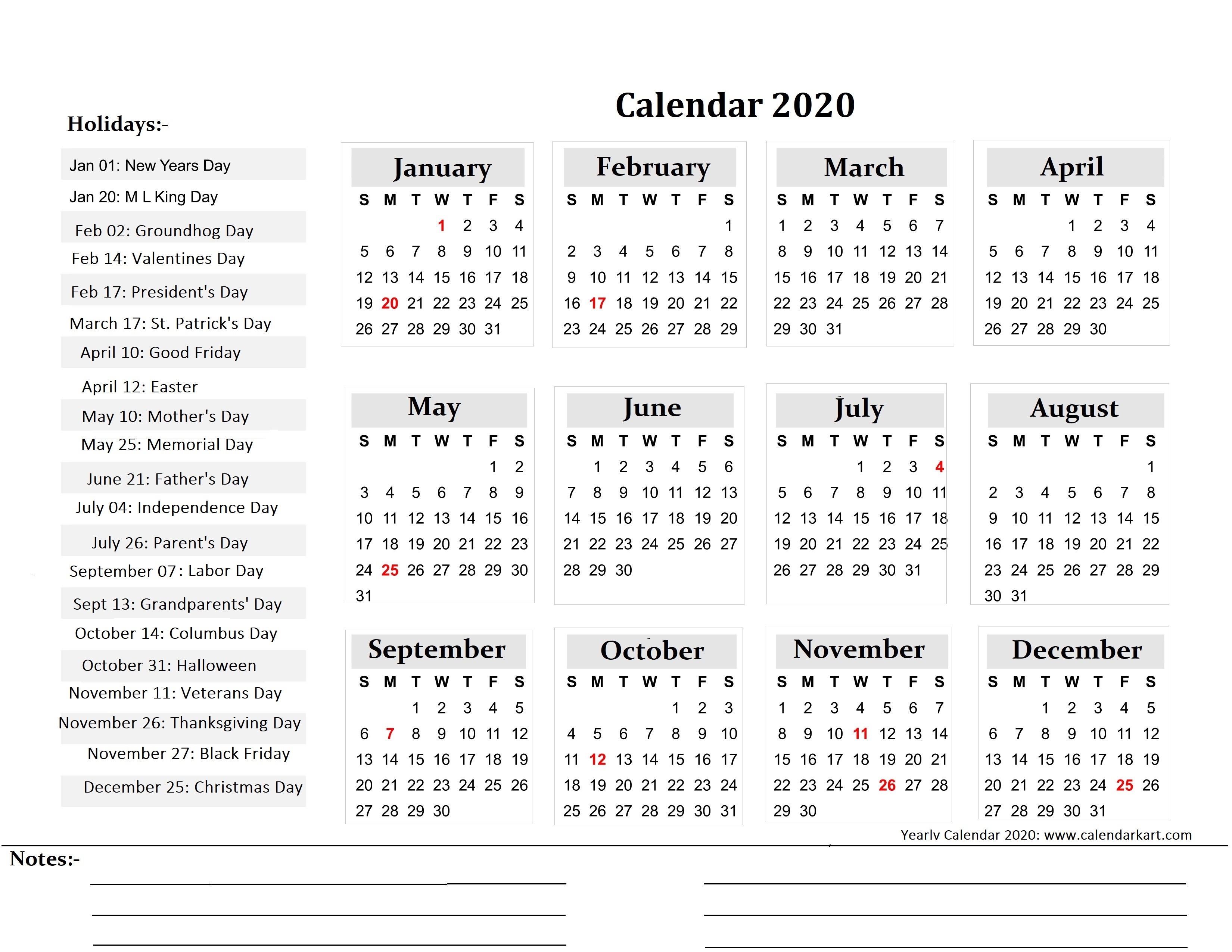 Printable Yearly Calendar 2020 - Calendar-Kart