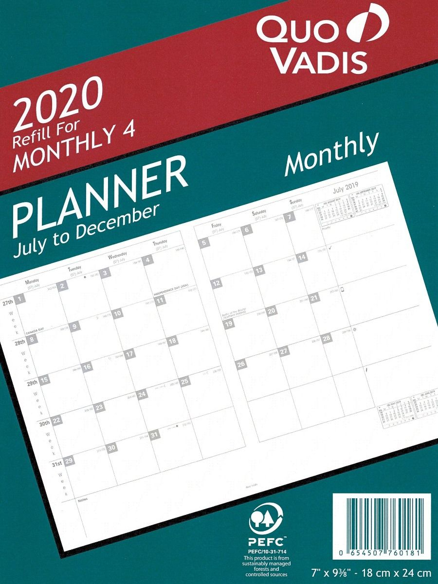 Quo Vadis Model # 7601 Monthly 4 Planner Refill (July 2019 - Dec 2020)