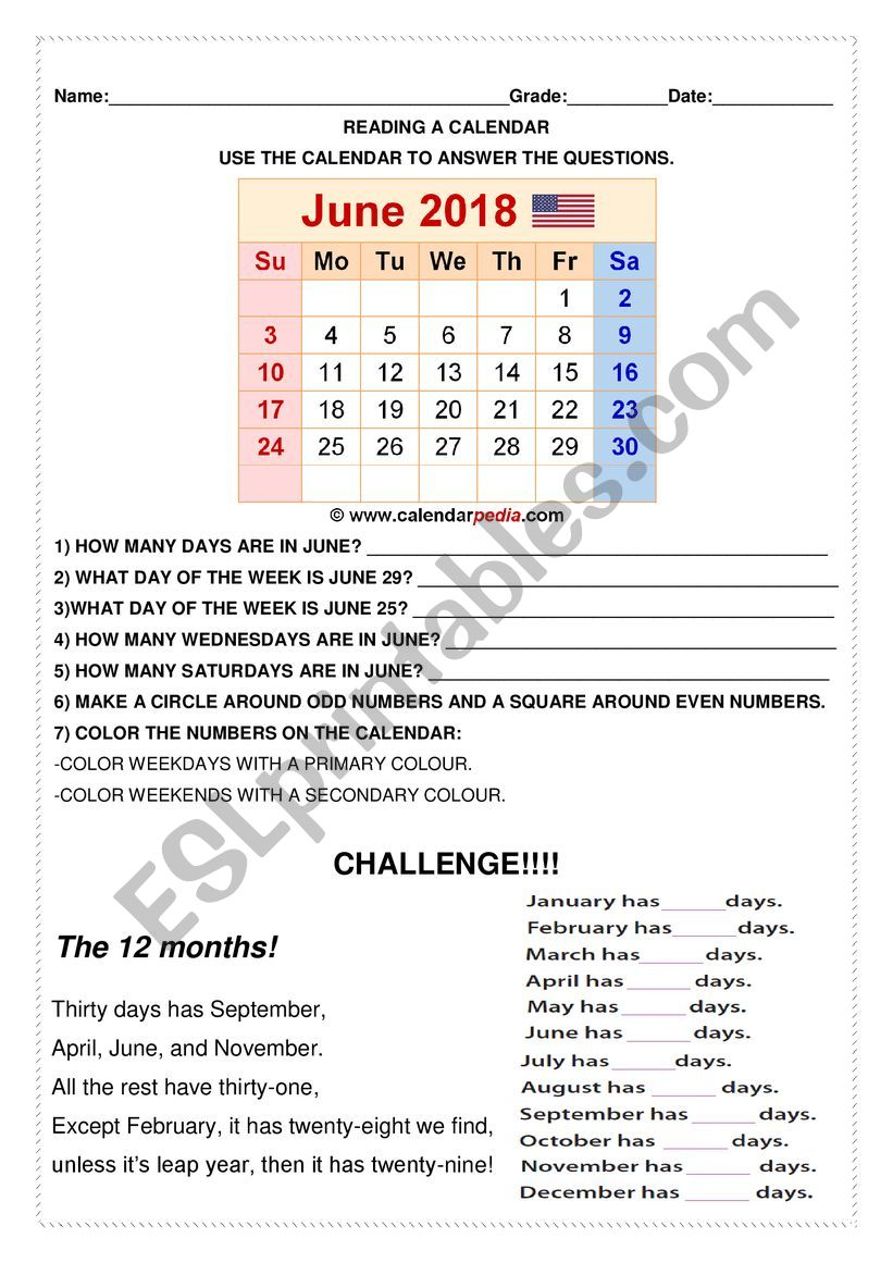 Reading A Calendar - Esl Worksheet0042638