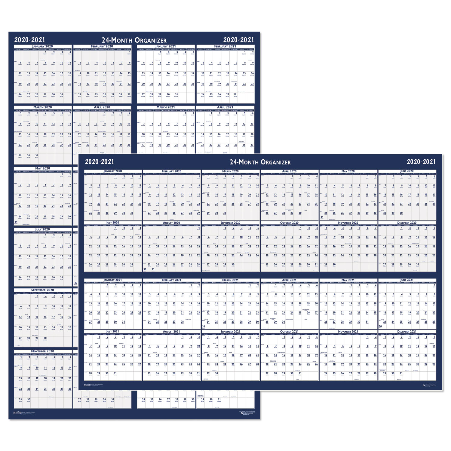 Reversible/erasable 2 Year Wall Calendar, 24 X 37, Blue