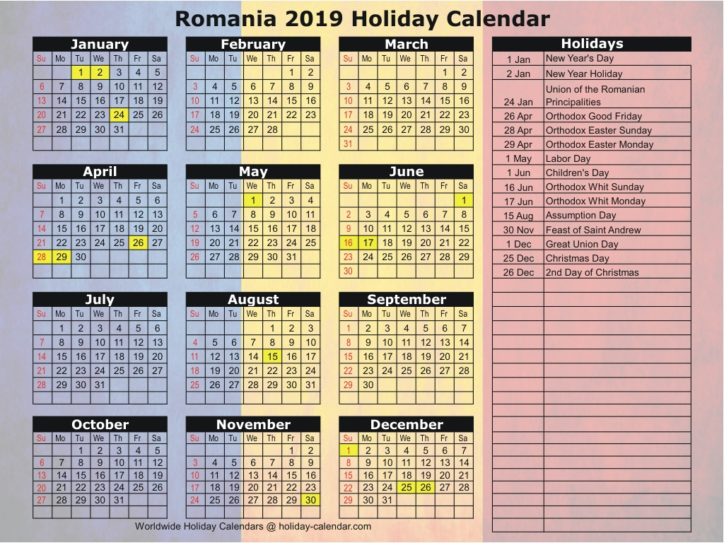 Romania 2019 / 2020 Holiday Calendar