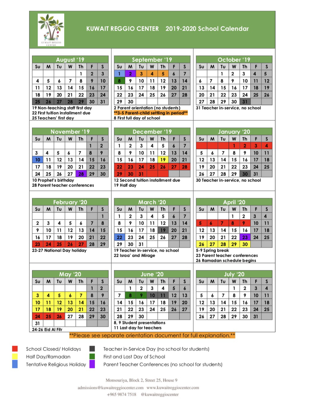 Schedule And Academic Calendars - Kuwait Reggio Center