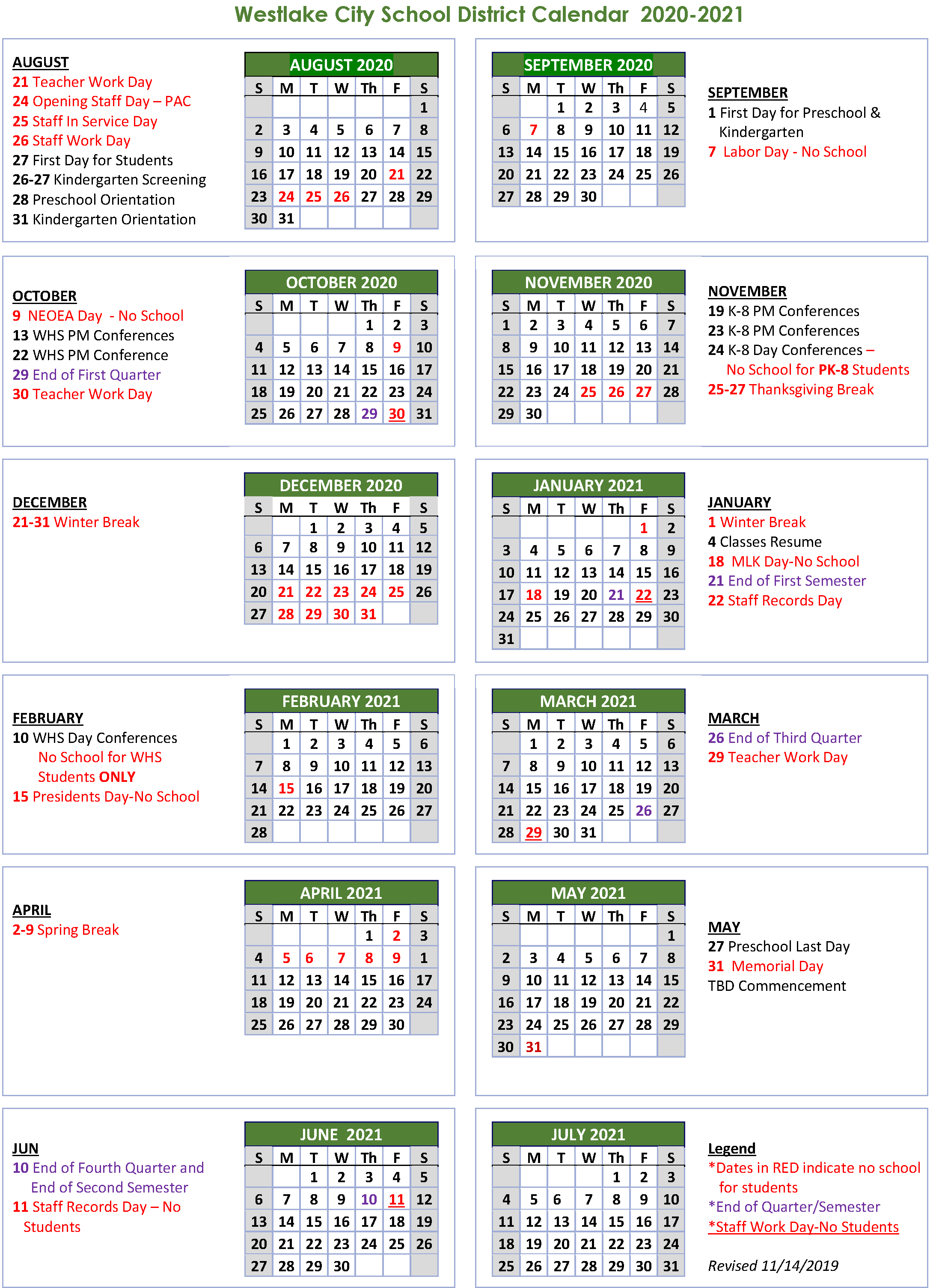 School Calendar - Westlake City School District