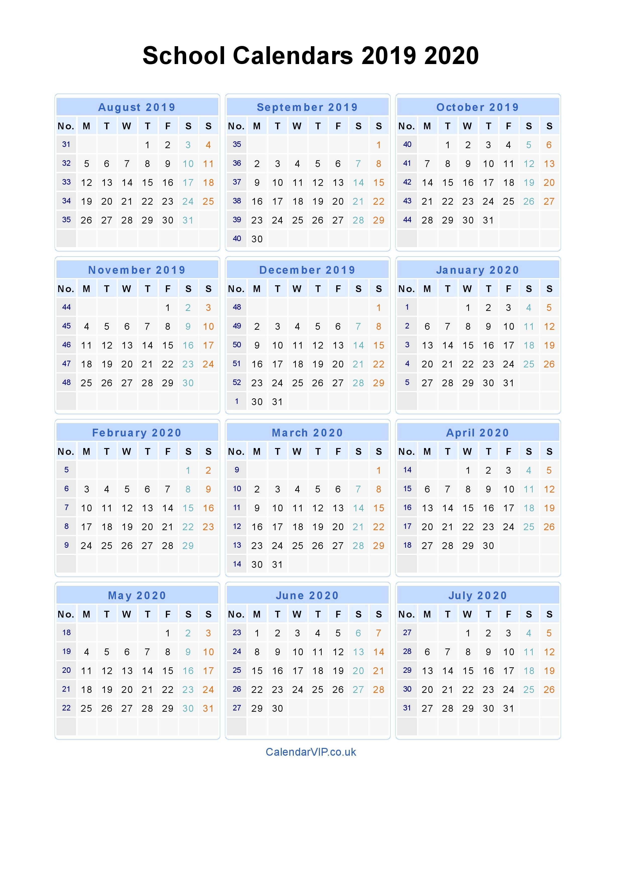 School Calendars 2019 2020 - Calendar From August 2019 To