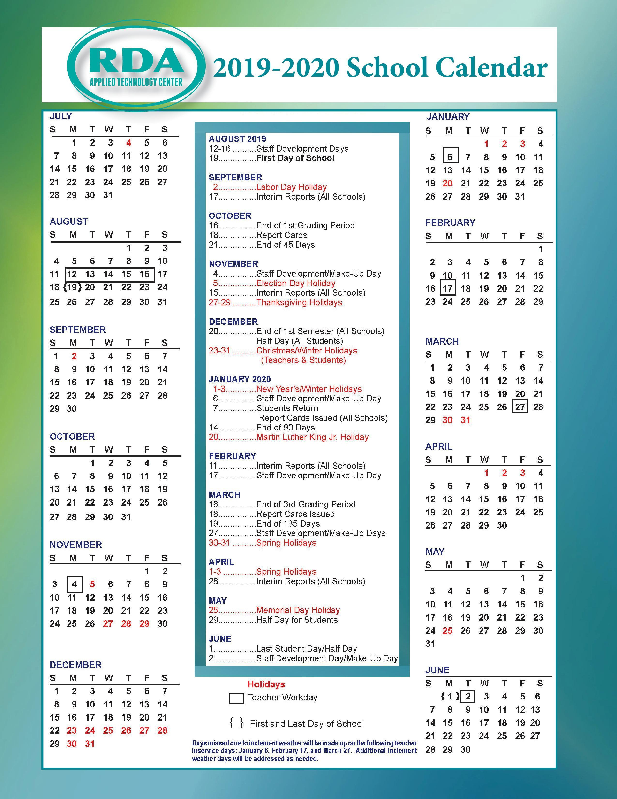 School Calendars – Parent/student Resources – Rd Anderson Atc