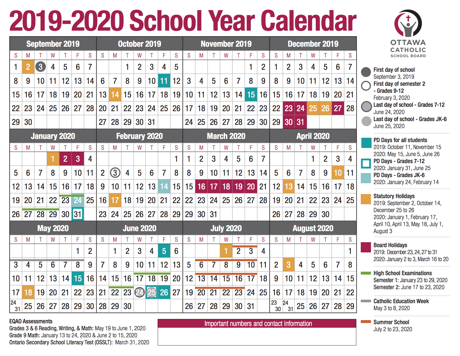 School Year Calendar From The Ocsb