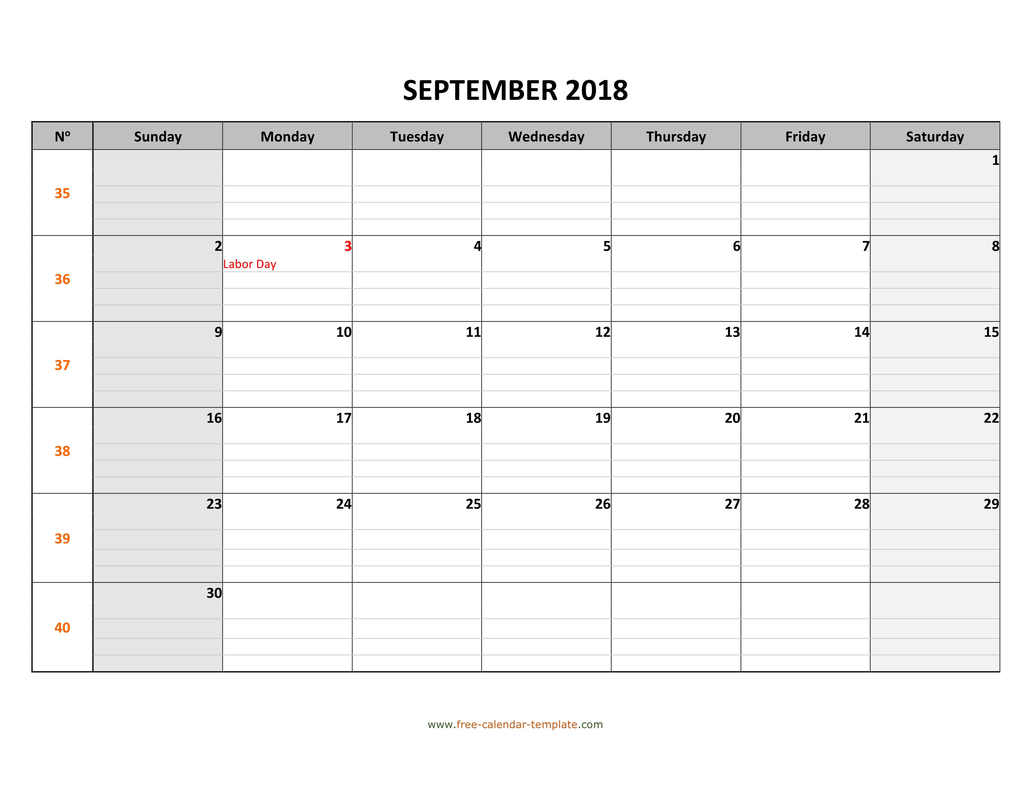September 2018 Calendar Free Printable With Grid Lines