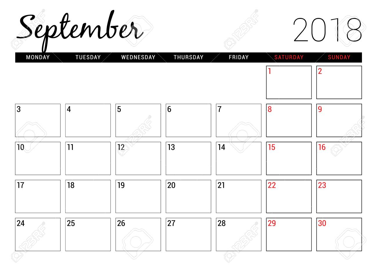 September 2018. Printable Calendar Planner Design Template. Week..