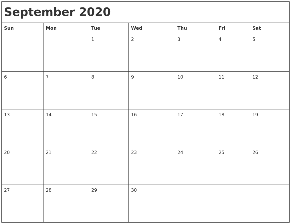 September 2020 Month Calendar