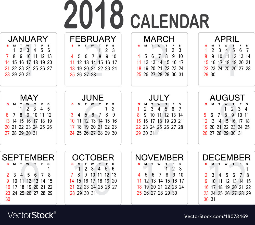 Simple 2018 Year Calendar On White Background