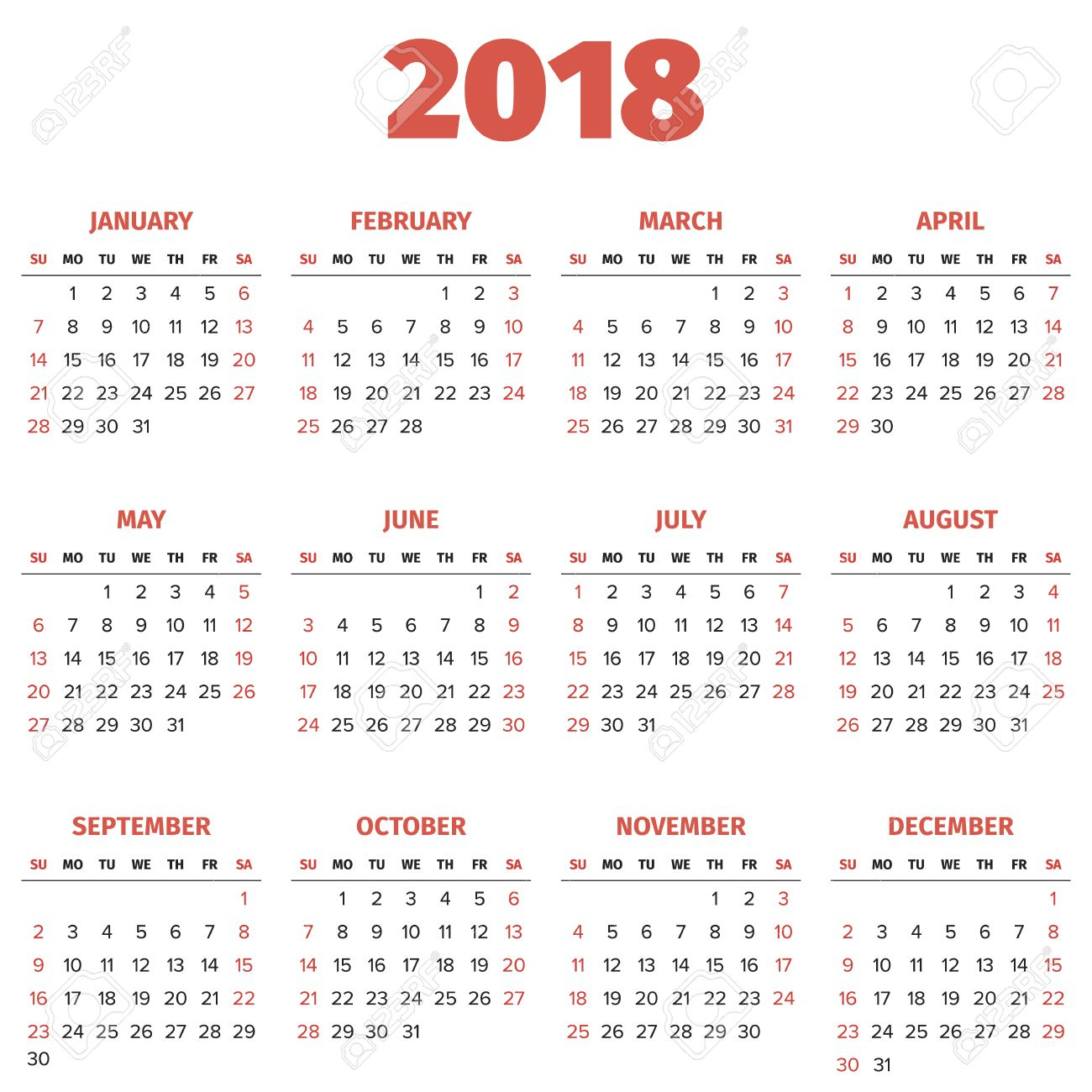 Simple 2018 Year Calendar, Week Starts On Sunday