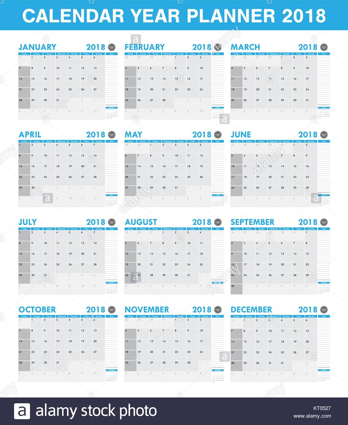 Simple 2018 Year Planner Calendar Set Of All Month Stock