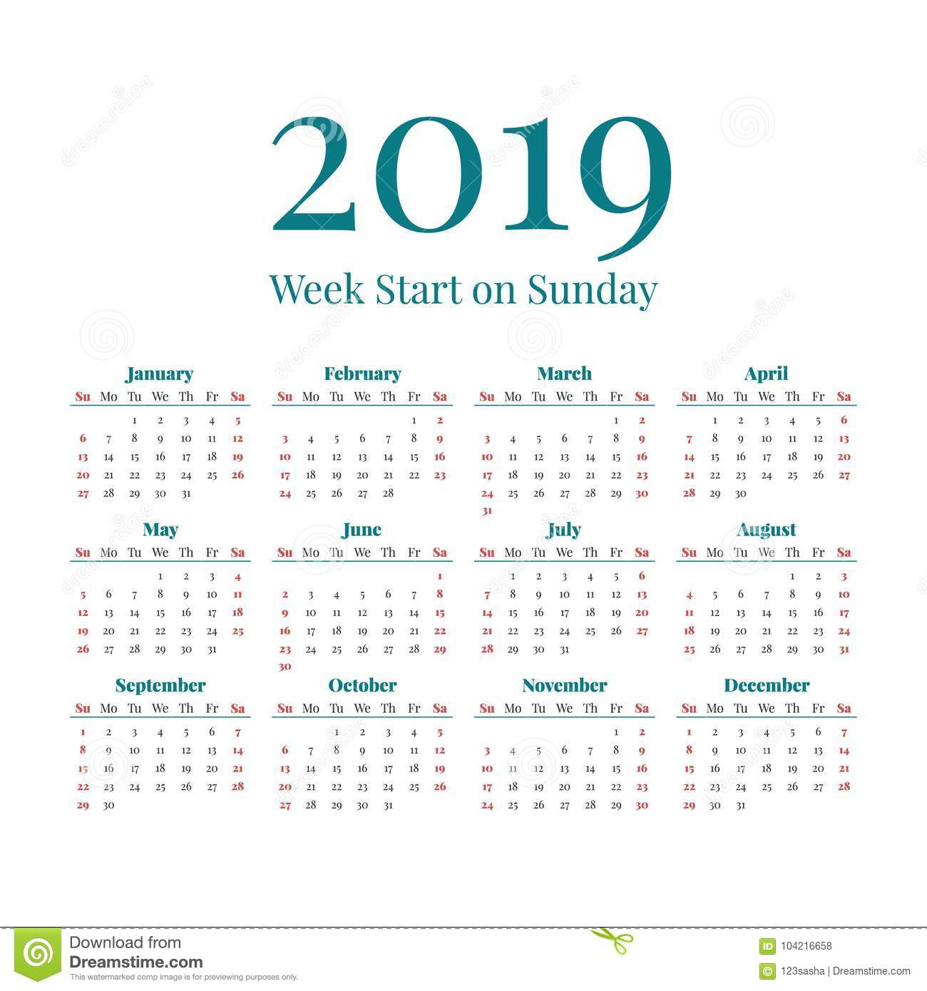 Simple 2019 Year Calendar Stock Vector. Illustration Of Date
