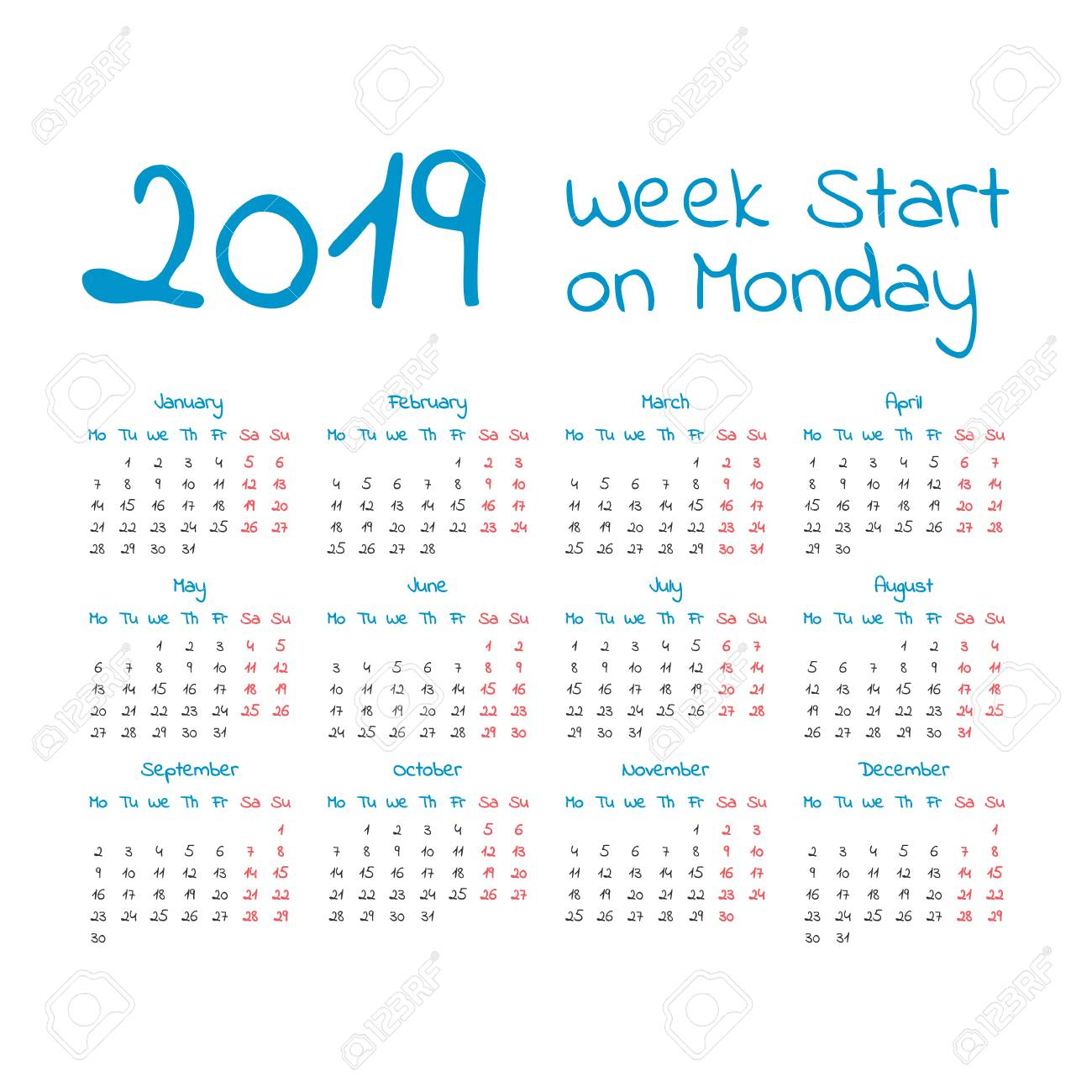 Simple 2019 Year Calendar, Week Starts On Monday