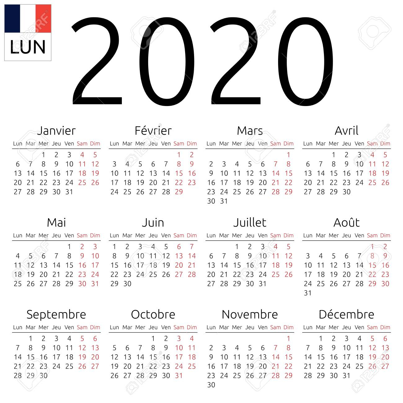 Calendar 2020 In French Calendar Printables Free Templates   Simple Annual 2020 Year Wall Calendar French Language Week 