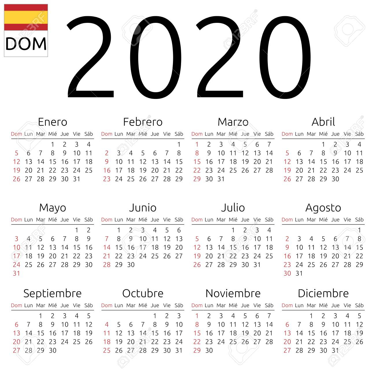 Simple Annual 2020 Year Wall Calendar. Spanish Language. Week..