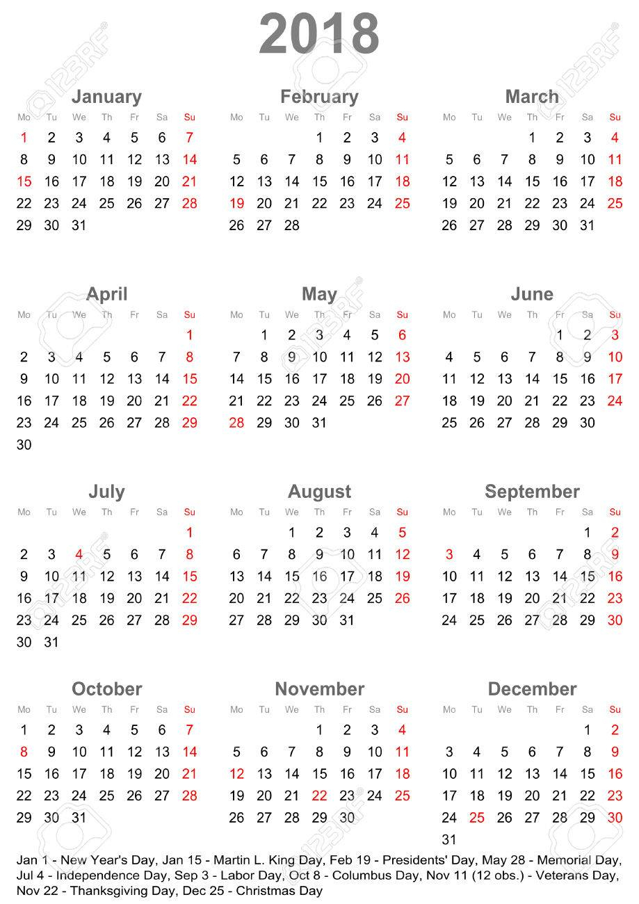 Simple Calendar 2018 - One Year At A Glance - Starts Monday With..